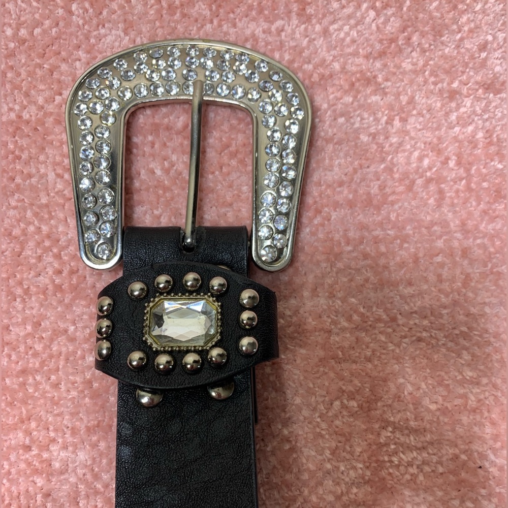 Blingy Black studded belt with silver accents, 43” long, size M/L, like new